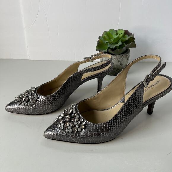 Adrienne Vittadini Surya Slingback Shoes Sz 6M Snake Skin Crystals Pewter Glam - Picture 12 of 15